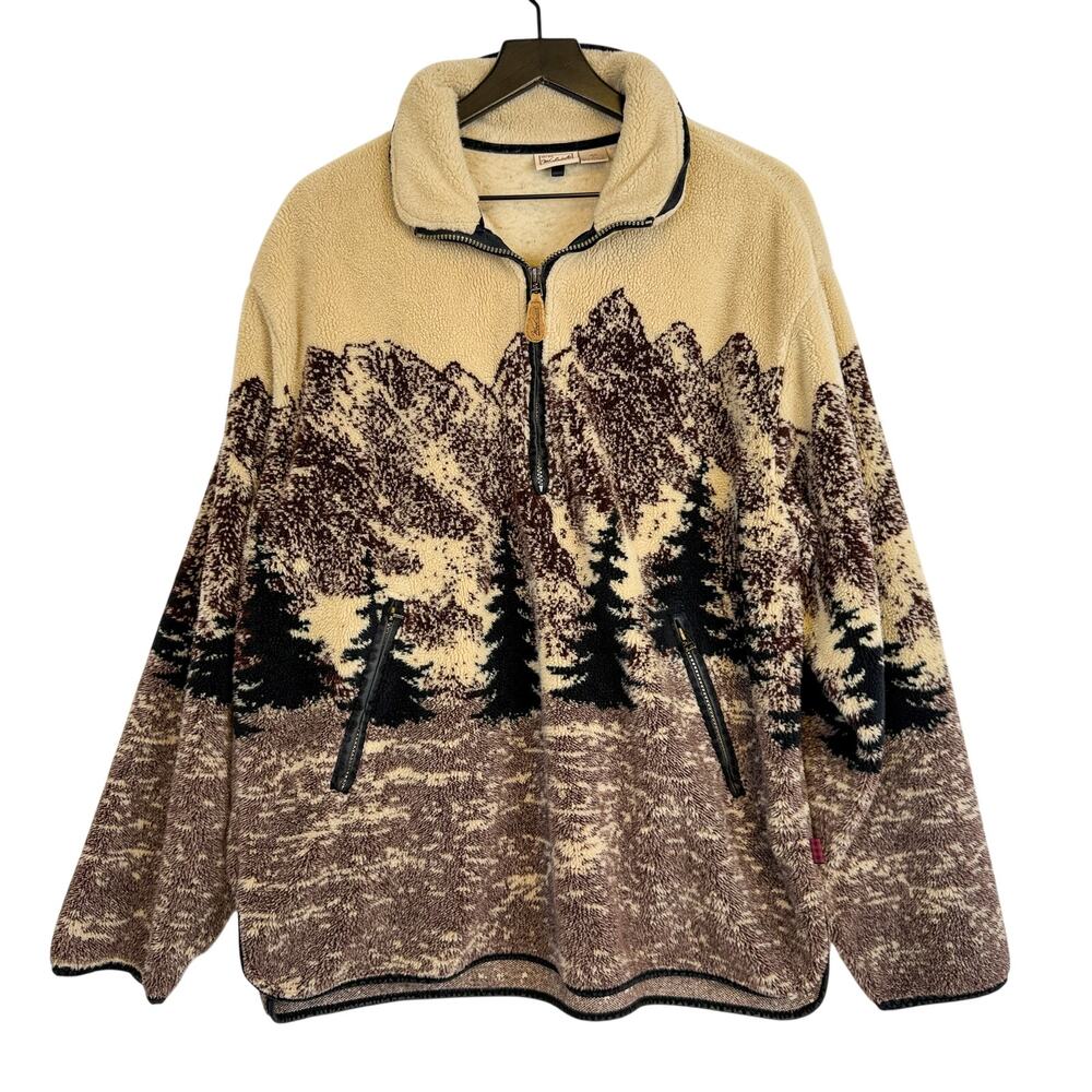 Vintage Woolrich Mens Fleece 1/2 Zip Landscape Mountain Trees Sherpa Sweater - L